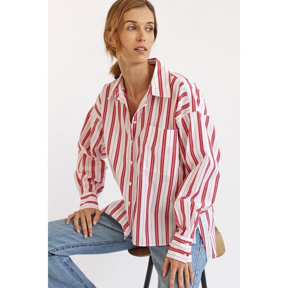 Anthro Harshman Cooper Blouse Shirt Striped Button Coastal Red White Size S